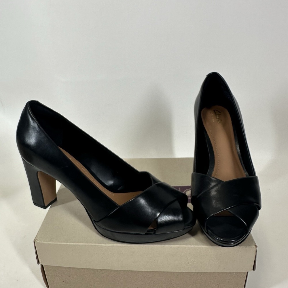 Clarks Artisan Jenness Cloud Womens Size 8 M Black Leather Open Toe Block Heels